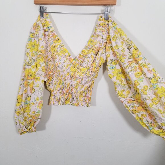 Free People Floral Long Sleeve Crop Top Blouse Yellow Size L - Picture 2 of 5